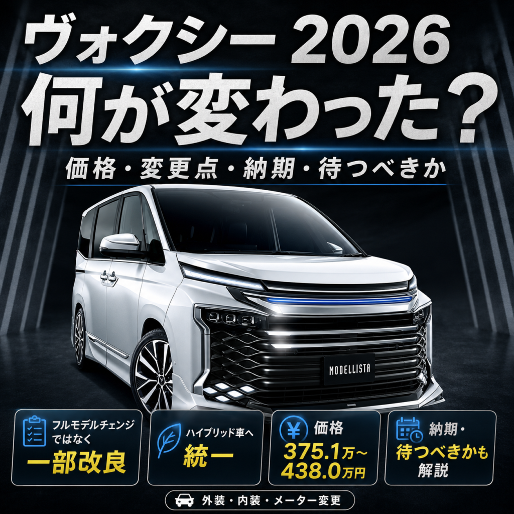 ヴォクシー2026年一部改良モデルの変更点を解説するアイキャッチ画像。白いヴォクシーを背景に、ハイブリッド車への統一、価格375.1万円〜438.0万円、外装・内装・メーター変更、納期や待つべきかを紹介している。
