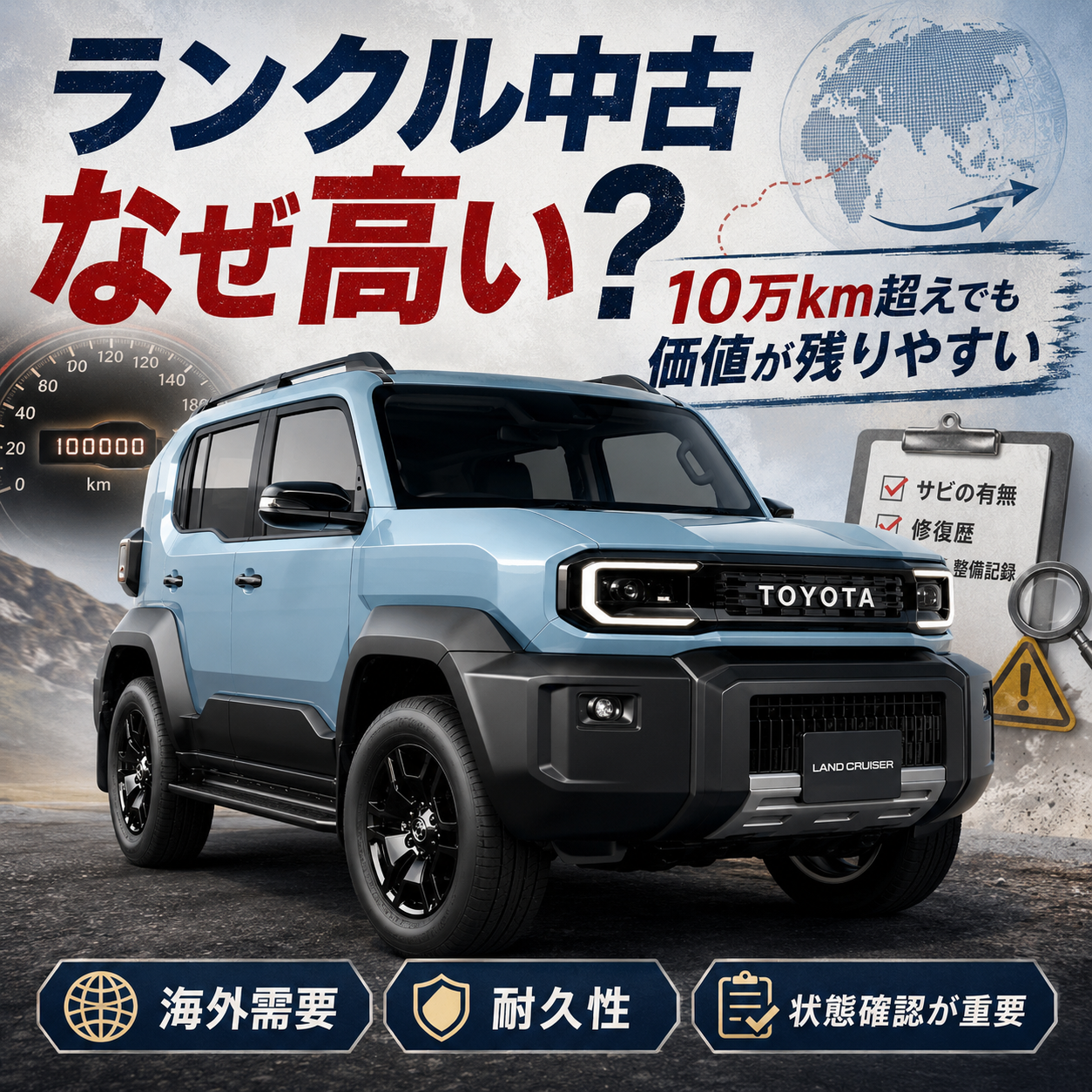 ランクルの中古車はなぜ高い？というテーマのアイキャッチ画像。最新のランクルFJモデリスタ仕様を大きく配置し、「10万km超えでも価値が残りやすい」という見出しとともに、海外需要・耐久性・状態確認が重要であることを視覚的に表現している。