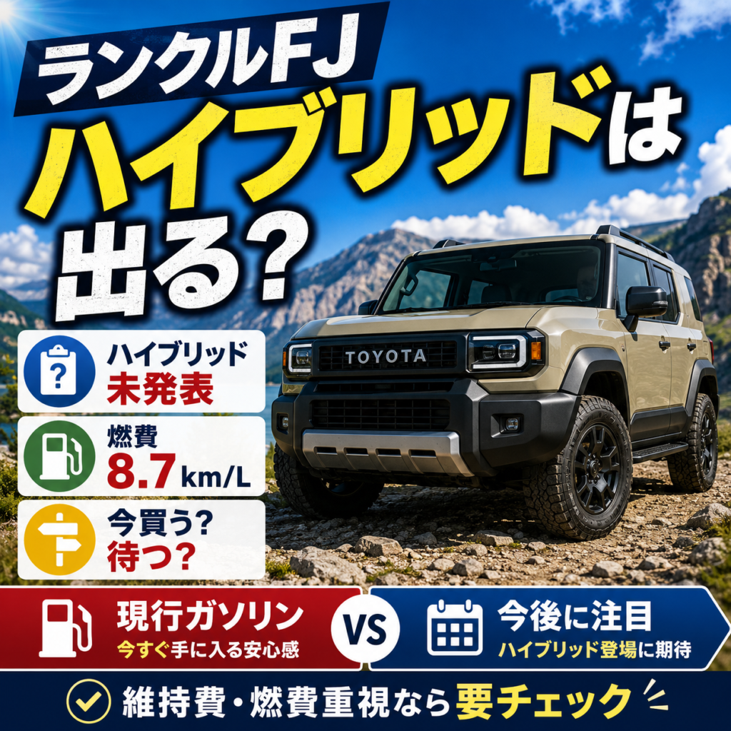 ランクルFJにハイブリッドは出るのか、現行ガソリンの燃費8.7km/Lや維持費、今買うか待つべきかを比較して解説する記事のアイキャッチ画像