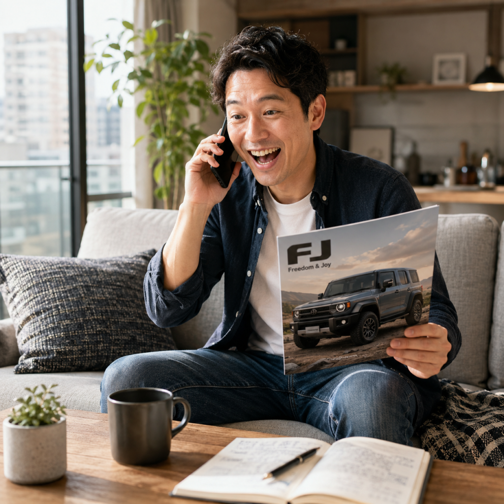 自宅のマンションでくつろいでランクルのパンフレットを見ながら当選結果の連絡受け嬉しそうに会話をしている30代男性
