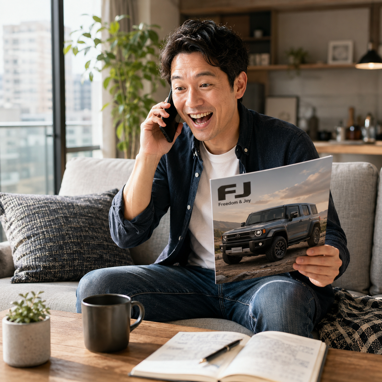 自宅のマンションでくつろいでランクルのパンフレットを見ながら当選結果の連絡受け嬉しそうに会話をしている30代男性