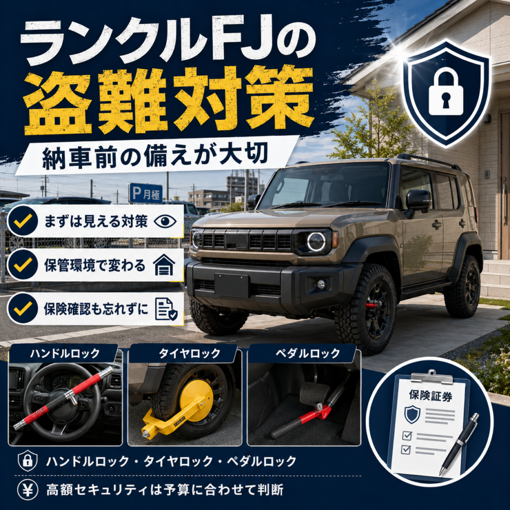 ランクルFJの盗難対策を解説するアイキャッチ画像。ベージュのランクルFJとともに、「納車前の備えが大切」と大きく表示し、ハンドルロック・タイヤロック・ペダルロック、保管環境に応じた対策、保険確認の重要性をわかりやすくまとめている。