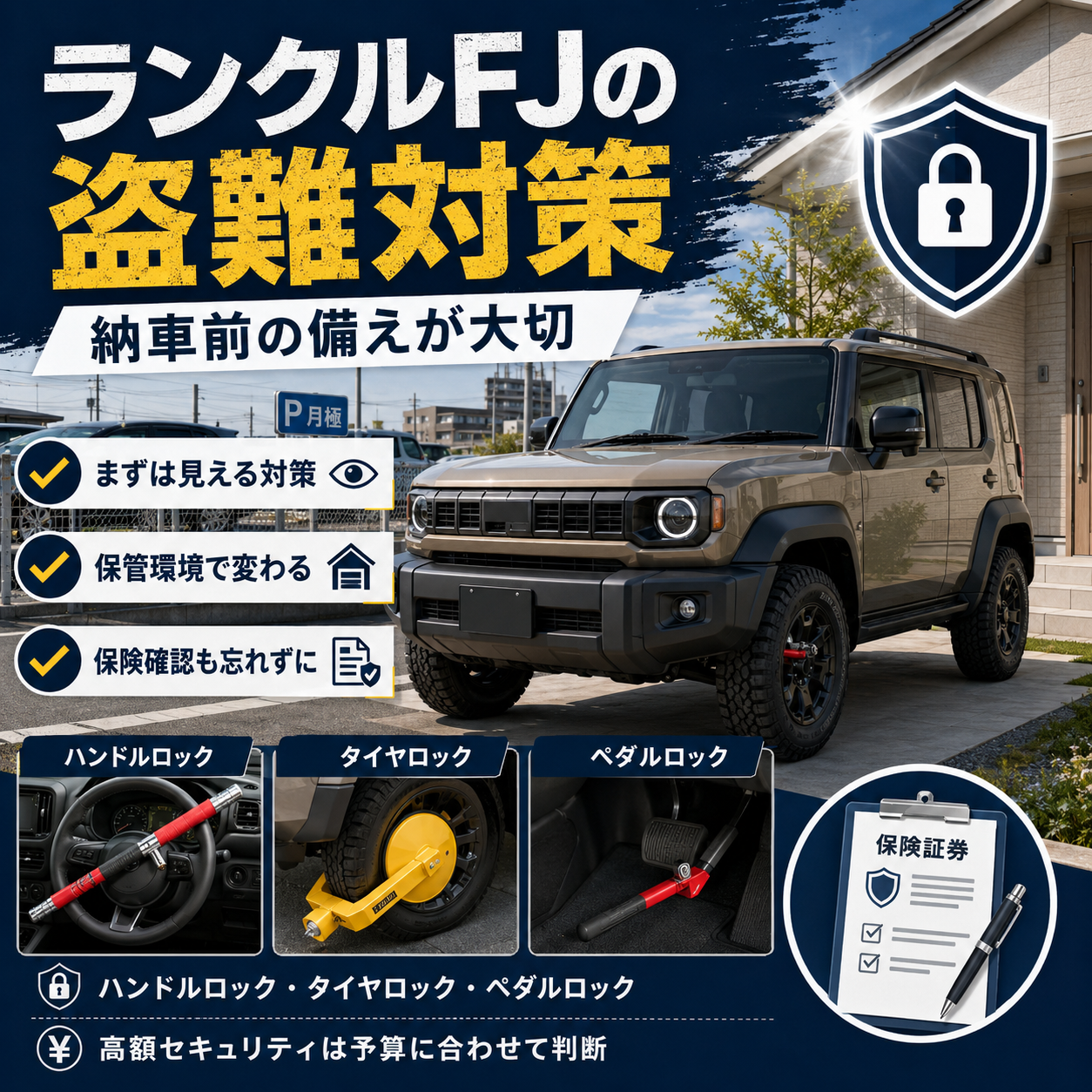 ランクルFJの盗難対策を解説するアイキャッチ画像。ベージュのランクルFJとともに、「納車前の備えが大切」と大きく表示し、ハンドルロック・タイヤロック・ペダルロック、保管環境に応じた対策、保険確認の重要性をわかりやすくまとめている。