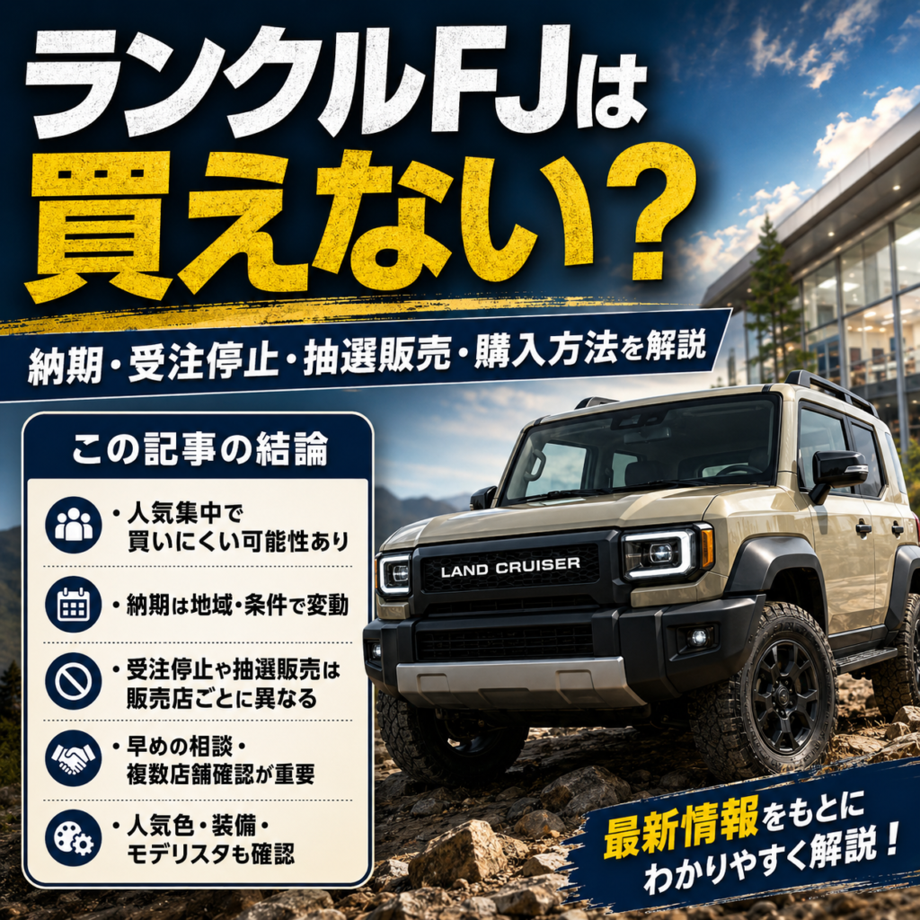 ランクルFJが買えない可能性や納期・受注停止・抽選販売の注意点を、SUV画像と結論ボックスでわかりやすくまとめたアイキャッチ画像。