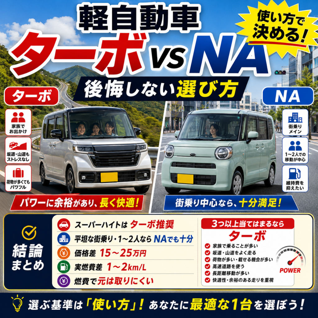 軽自動車のターボとNAを比較したアイキャッチ画像。ターボは坂道や家族での移動、荷物が多い場面に向き、NAは平坦な街乗りや1〜2人での移動に向くことを、左右の車と要点表でわかりやすく示している。