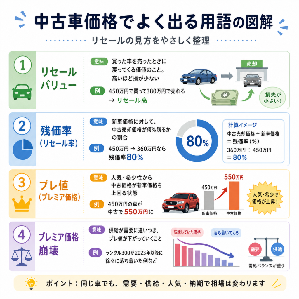 中古車価格でよく出る用語を解説した図解。