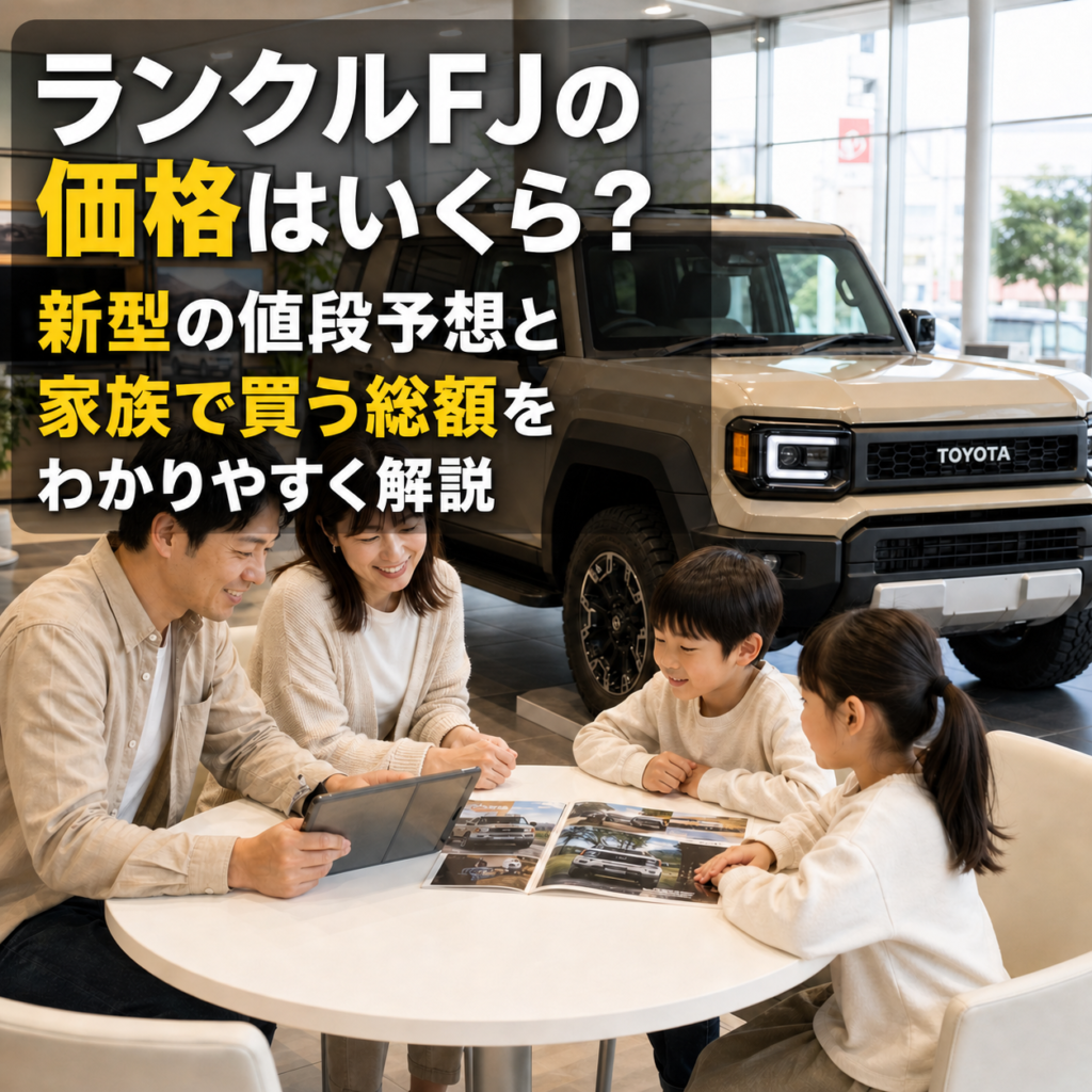 トヨタのディーラー店舗内で、展示してある ランクルFJ の側で、白く丸いテーブルを囲んで商談している日本人の4人家族をイメージした画像。