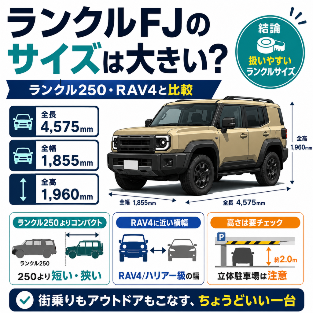 ランクルFJのサイズ比較をまとめたアイキャッチ画像。全長4,575mm・全幅1,855mm・全高1,960mmを大きく表示し、ランクル250より短く狭いこと、RAV4やハリアーに近い横幅であること、全高が高いため立体駐車場では注意が必要なことを図解している。