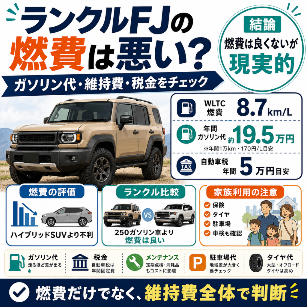 ランクルFJの燃費と維持費をまとめたアイキャッチ画像。WLTC燃費8.7km/L、年間ガソリン代約19.5万円、年間自動車税5万円を大きく表示し、ハイブリッドSUVより燃費は不利だが、ランクル250のガソリン車よりは燃費が良いこと、家族利用では保険・タイヤ・駐車場・車検費用まで含めて判断が必要なことを図解している。