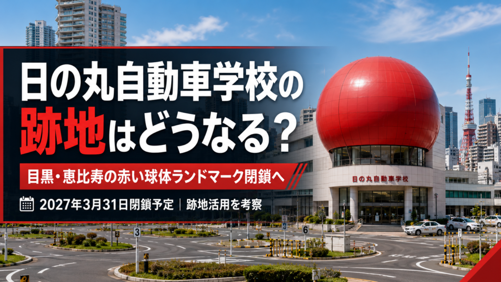日の丸自動車学校の閉鎖後の跡地活用を考察する記事のアイキャッチ画像。目黒・恵比寿エリアの赤い球体ランドマークをイメージ。