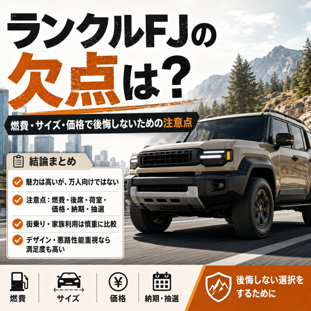 ランクルFJの欠点を解説する記事のアイキャッチ画像。燃費・サイズ・価格・後席・荷室・納期・抽選など、購入前に確認したい注意点をまとめている。