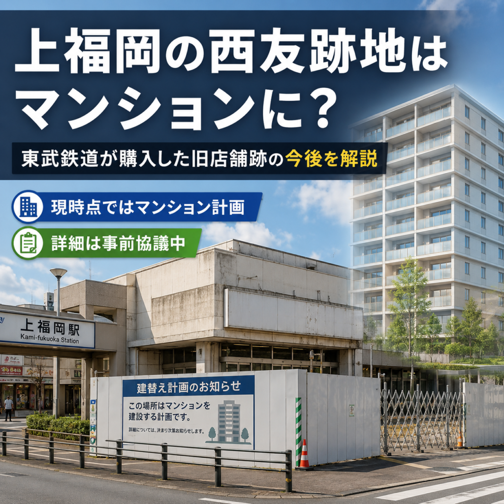 上福岡駅前の旧西友上福岡店跡地がマンション計画として進む可能性を示したアイキャッチ画像。東武鉄道が購入した旧店舗跡と将来のマンション建設イメージを表現。