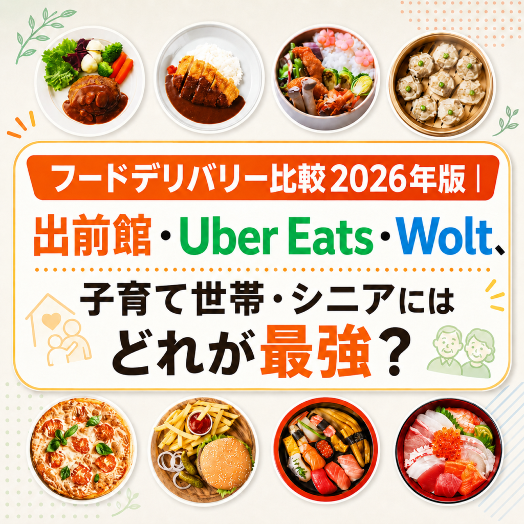 フードデリバリー比較2026年版として、出前館・Uber Eats・Woltの違いを子育て世帯やシニア向けに比較する記事のアイキャッチ画像。カレー、弁当、寿司、ピザ、ハンバーガーなどの料理写真が並び、中央に「どれが最強?」と大きく表示されている。