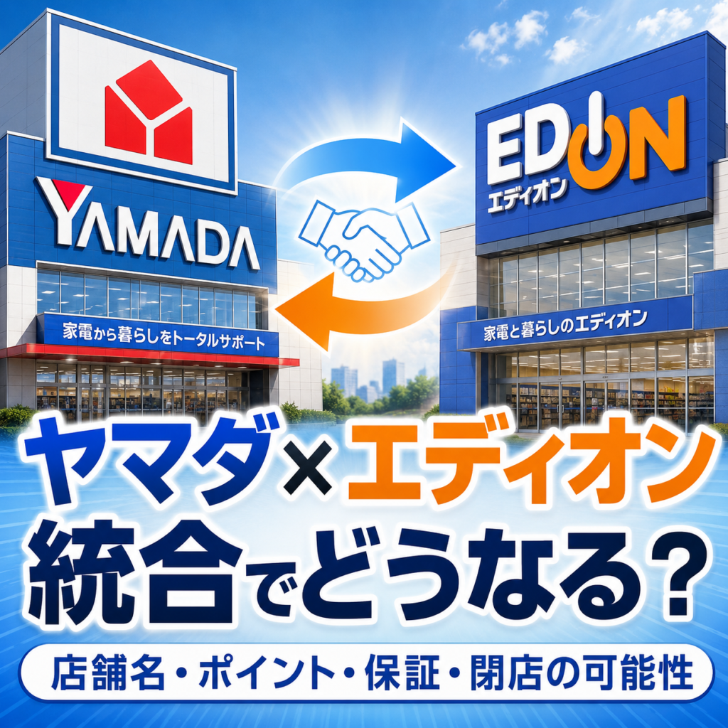 ヤマダデンキとエディオンの店舗看板を左右に配置し、中央に握手マークと矢印で統合イメージを表現したアイキャッチ画像。「ヤマダ×エディオン 統合でどうなる？ 店舗名・ポイント・保証・閉店の可能性」と大きく表示されている。