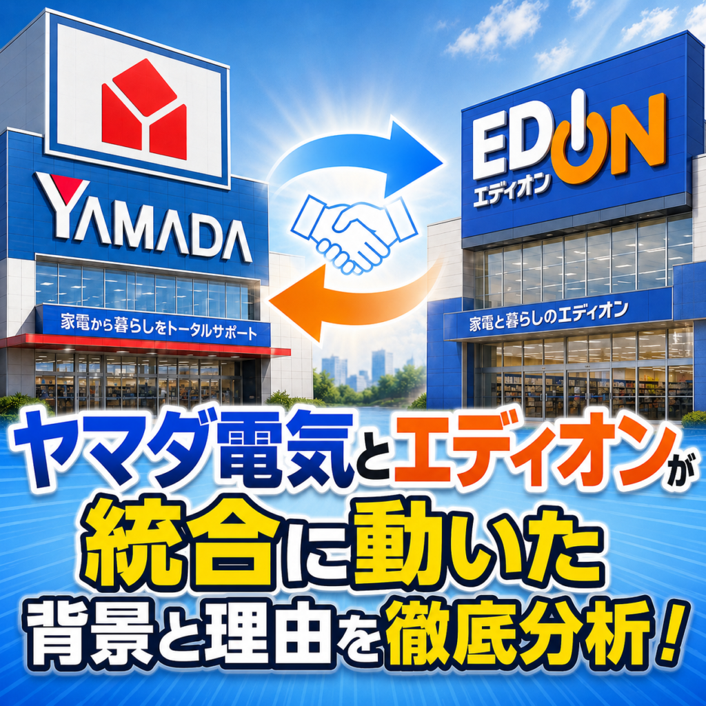ヤマダ電気とエディオンが統合に動いた背景と理由を徹底分析！と書かれたアイキャッチ画像